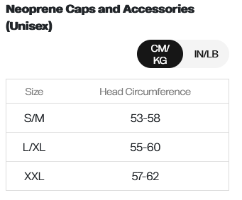 ORCA NEOPRENE CAPS & ACCESSORIES 24 0 Size Chart